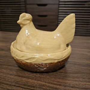 Vintage Pottery Hen On A Nest Mustard Yellow Brown Marked PV2319 Covered Dish